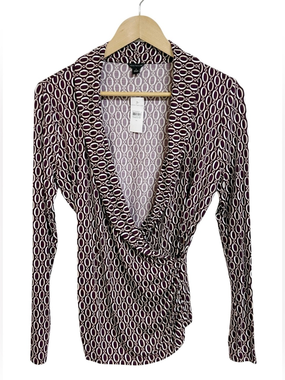Ann Taylor Wrap Style Top Medium NWT Burgundy Geometric Print Modal Spandex - Picture 2 of 5